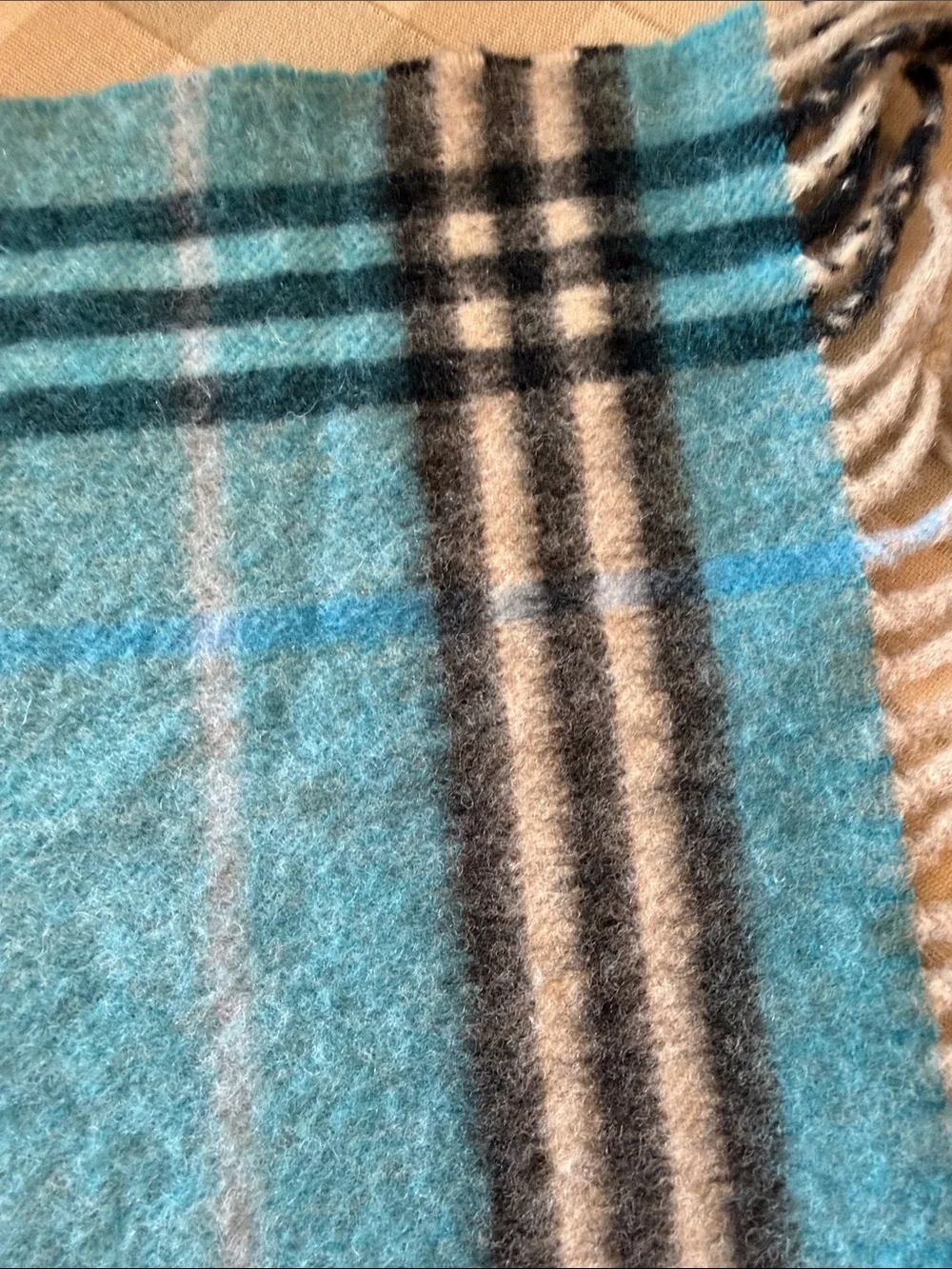 Burberry Turquoise and Black Plaid Cashmere-Wool Scarf